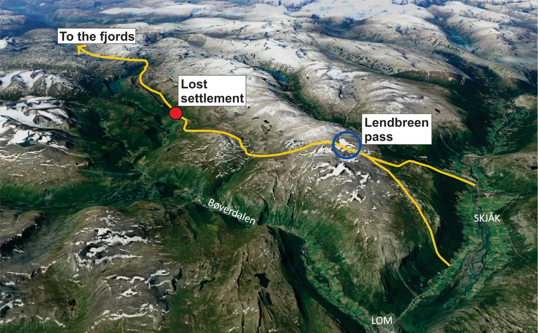 An aerial view of green mountains capped with white, with a yellow line indicating the path taken by Viking-era people over mountains and past the Lendbreen glacier