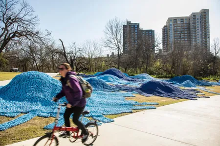 "Hurlyburly" is artist Orly Genger's latest site-specific art installation using woven lobster rope. 