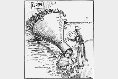 A 1921 political cartoon portrays America’s new immigration quotas, influenced by popular anti-immigrant and nativist sentiment stemming from World War I conflict.