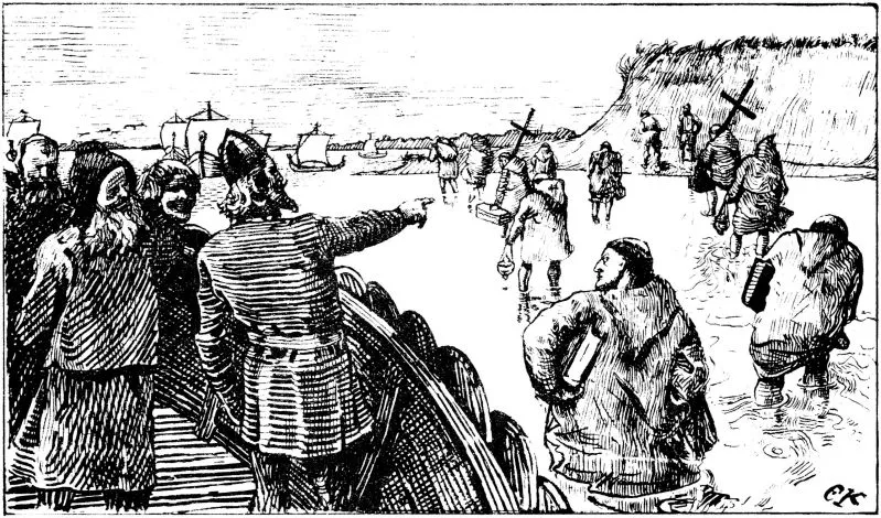 An 1899 illustration of pagan ruler Jarl Haakon commanding Christian clergymen to return to the shore