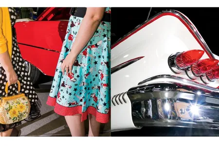 Left: Visitors roam the Portland show wearing vintage fashions from the Washington State boutique BelAir Betties.
Right: The tail section of a 1958 Chevy Impala, customized with 1959 Cadillac taillights, on display at the 63rd annual Portland Roadster Show.