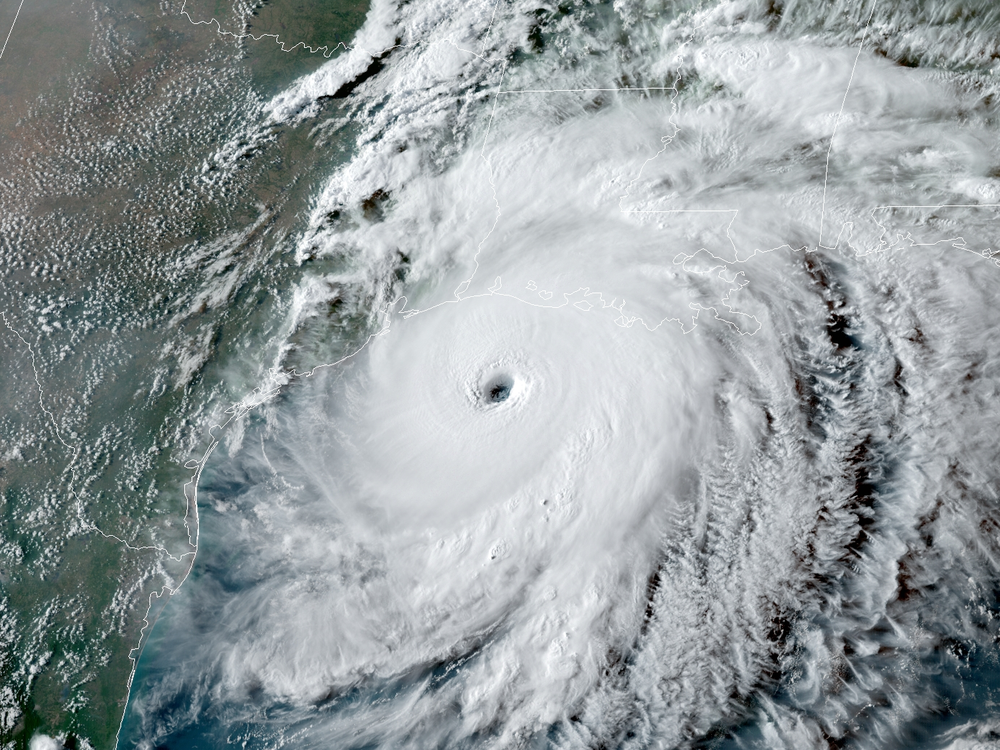 A satellite image shows hurricane Laura approaching Texas 