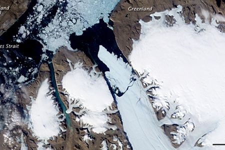 An island of ice breaking away from Greenland’s Petermann Glacier (in the center of the photo) in the summer of 2010.