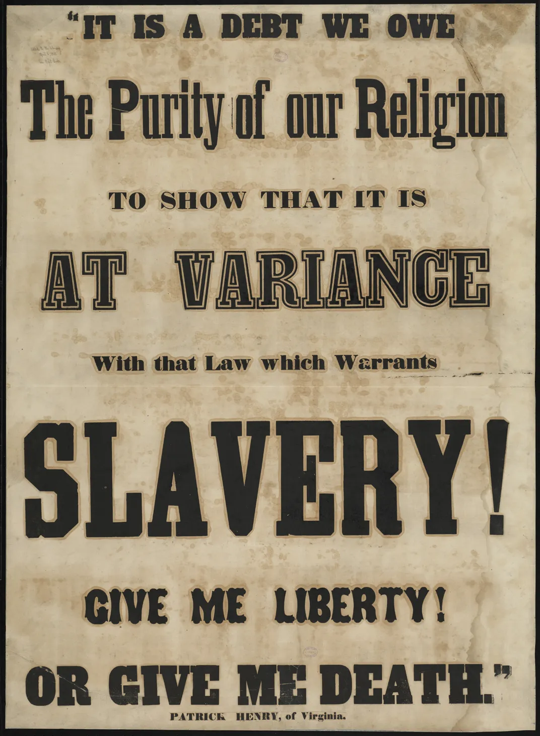An antislavery poster that features Henry's "give me liberty or give me death" line