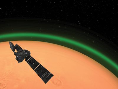This artist's rendering of green airglow on Mars depicts the European Space Agency's Trace Gas Orbiter in the foreground. 