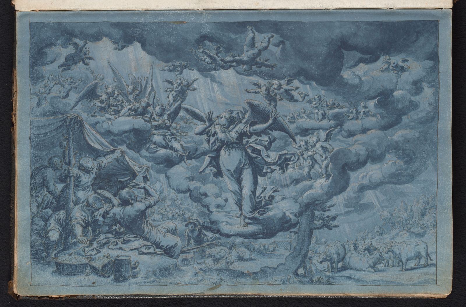 A 17th-century bound drawing book open to a page with a detailed biblical scene rendered in ink and white highlights on blue paper.