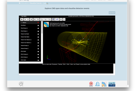 A CMS collision event as seen in the built-in event display on the CERN Open Data Portal.