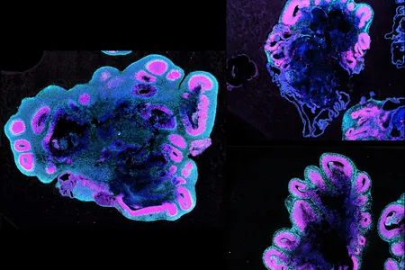After five weeks of development, a human brain organoid (left) is roughly twice the size of those from a chimpanzee  (top right) and a gorilla (bottom right).

