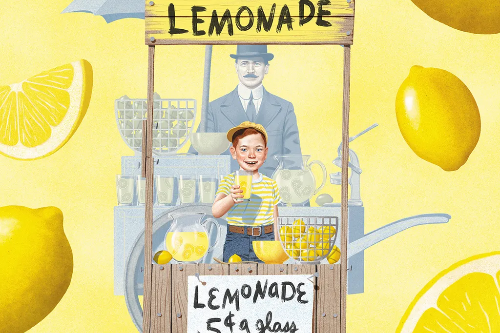 an illustration of a kid at lemonade stand with man in the background at lemonade cart