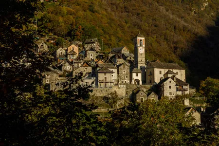 The tightly stacked dwellings of Corippo are so close together they appear two-dimensional.&nbsp;