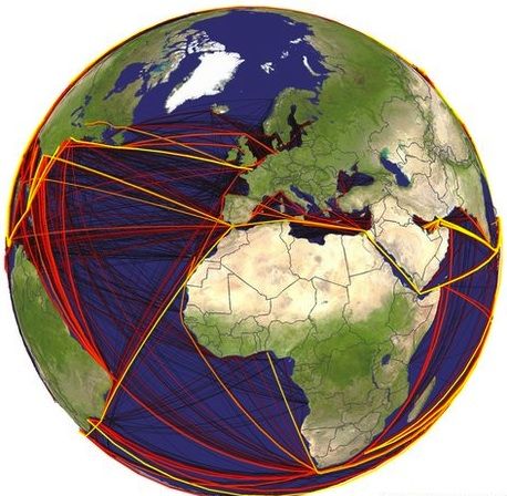 The brighter colored and thicker lines indicate a higher bio-invasion risk.