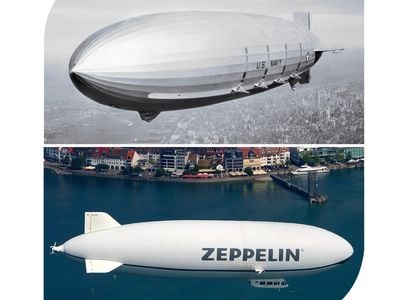 Top, the Navy’s short-lived USS Macon in 1933; above, a commercial passenger airship in 2014.