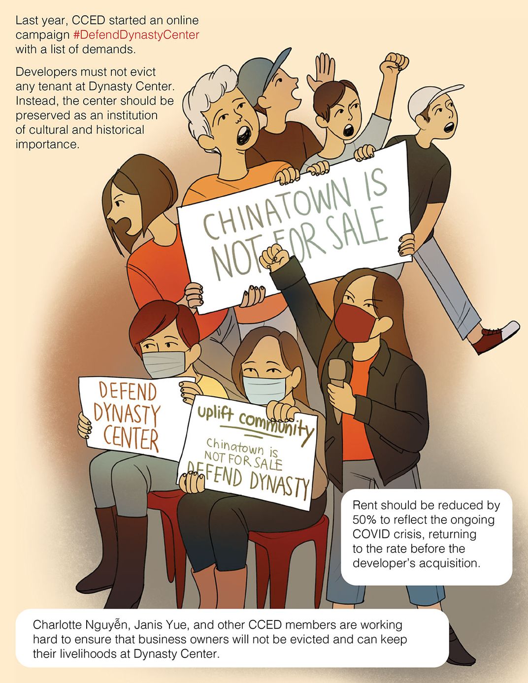 Illustrated comic page. A group of people protesting. Above, five people hold a single sign that reads, Chinatown is not for sale. Below, three masked women, two sitting and one standing with a microphone in hand.