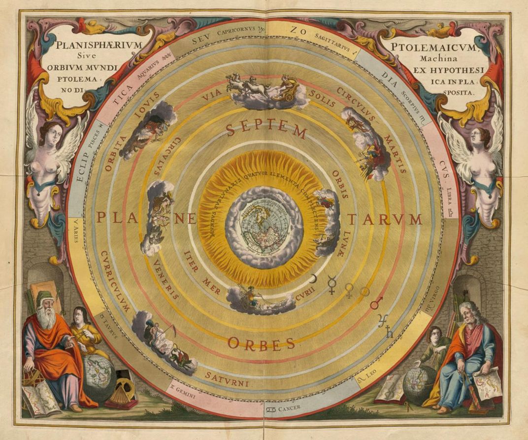 Ptolemy’s Earth-centered universe with the moon, Mercury, Venus, the sun, Mars, Jupiter and Saturn orbiting our planet.
