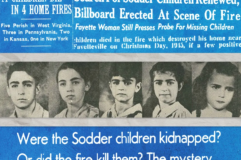 An illustration of the five Sodder children, in front of newspaper headlines about the case