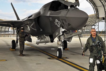 The author strides from a F-35B after taking it for a spin at Florida’s Eglin Air Force Base last March.