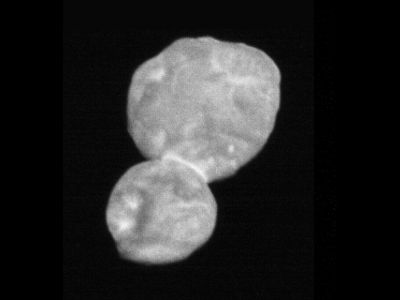 This image taken by the Long-Range Reconnaissance Imager (LORRI) is the most detailed of Ultima Thule returned so far by the New Horizons spacecraft. It was taken at 5:01 Universal Time on January 1, 2019, just 30 minutes before closest approach from a range of 18,000 miles (28,000 kilometers), with an original scale of 730 feet (140 meters) per pixel. 
