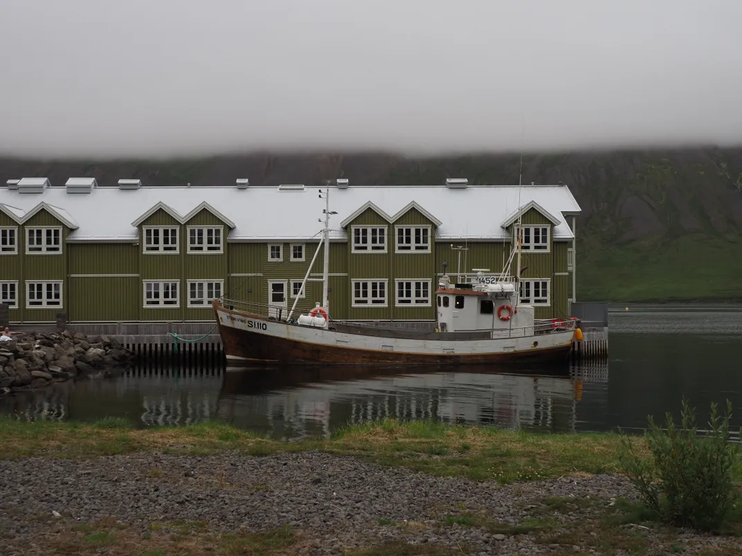 View of buildings in Siglufjörður on a rainy day