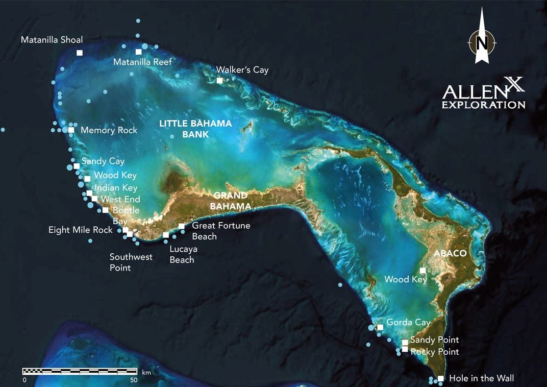 Map of the Bahamas showing shipwreck locations