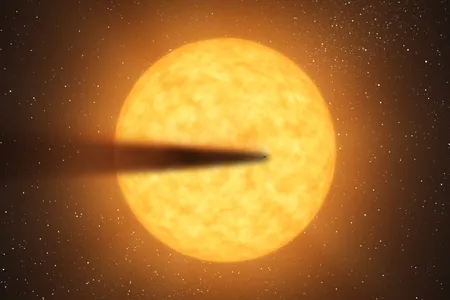 The artist's concept depicts a comet-like tail of a possible disintegrating super Mercury-size planet candidate as it transits its parent star named KIC 12557548. At an orbital distance of only twice the diameter of its star, the surface temperature of the potential planet is estimated to be a sweltering 3,300 degrees Fahrenheit. 