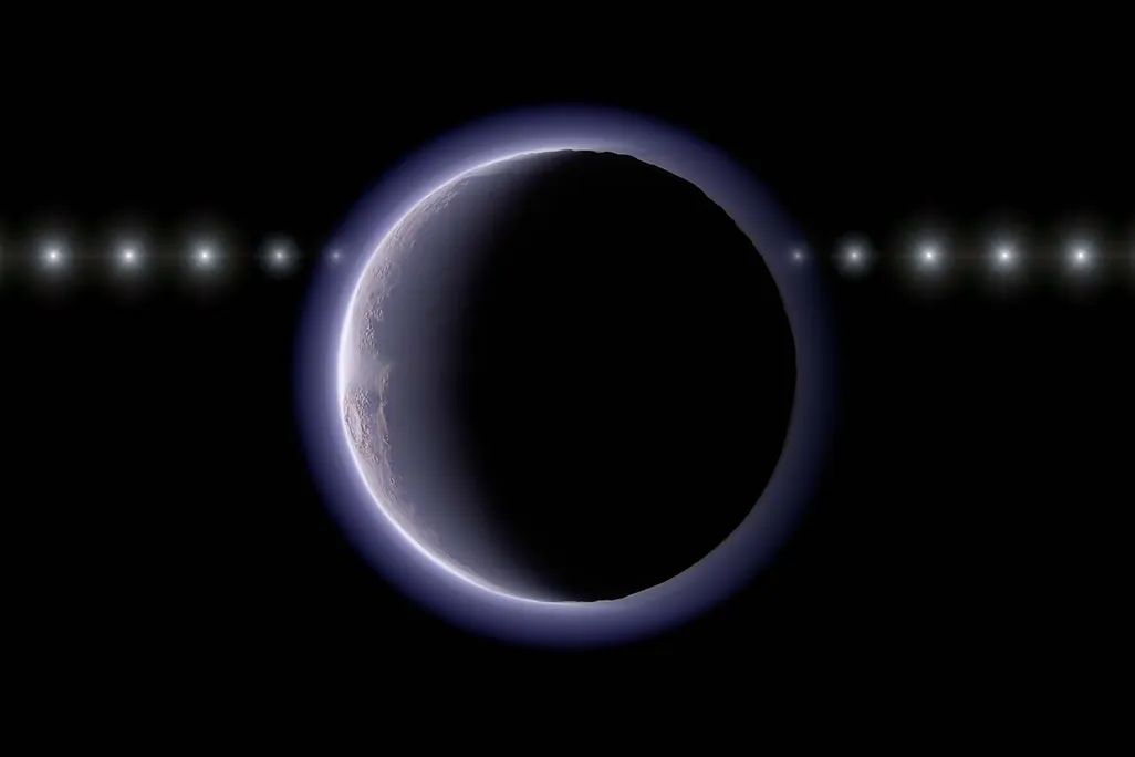 a celestial body in front of a line of bright dots