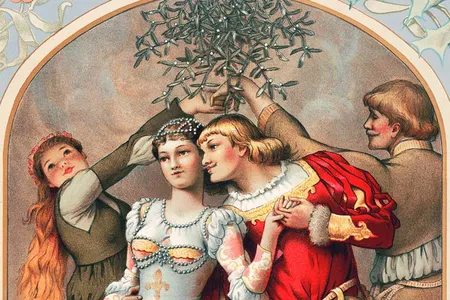 Mistletoe is best known for its role in holiday festivities, as seen on this Christmas card from 1886, and it features in ancient lore of many cultures, whether Celtic druids or Scandinavian gods. 