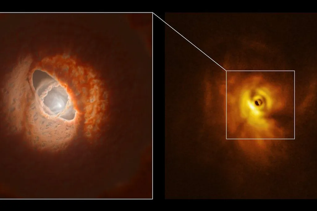 Left, a small bright spot surrounded by three rings of orange dust and cloud, including an inner ring that juts our nearly perpindicular to the others; right, a bright orange swirl of gases and dust