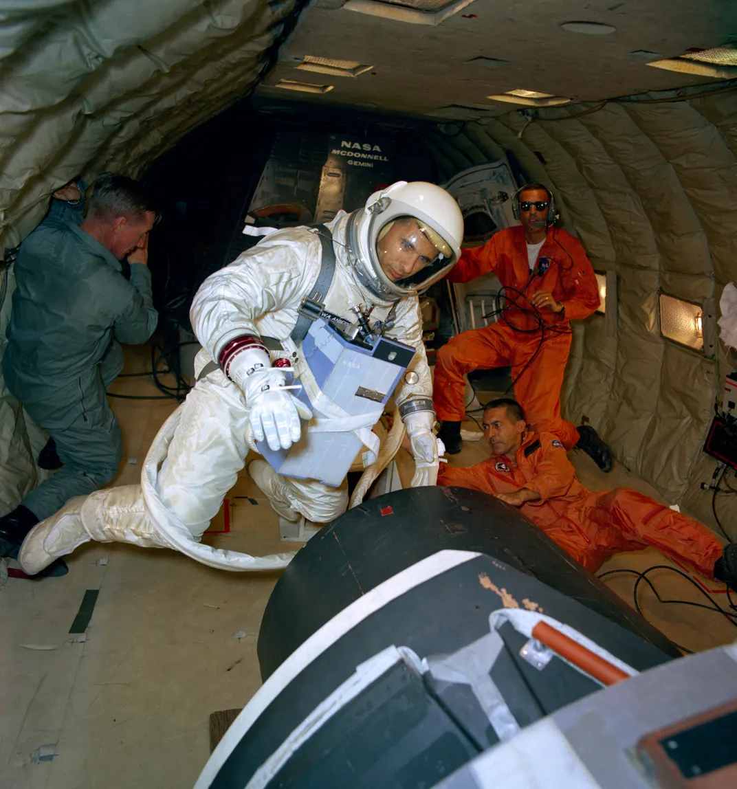 Anders, as the backup crew pilot of the Gemini-11 spaceflight, participates in extravehicular activity training under zero-gravity conditions.