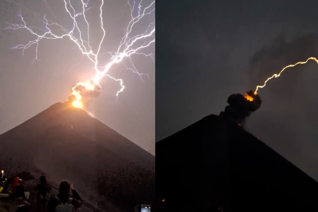 Side by side of volcano with lightning