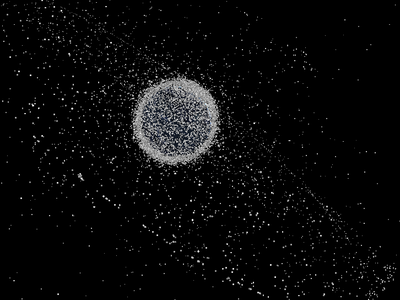 Screenshot from “The story of space debris” showing the Earth's cluttered space in 2015.
