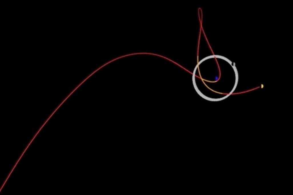 A red line showing the predicted path of 2020 SO, which arcs upward and curves in a bendy, elliptical shape around Earth; our moon's regular orbit is shown as a white circle surrounding a blue dot, Earth; all framed by black space
