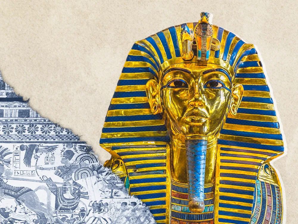 Illustration of Tut's funeral mask next to a depiction of the boy king as a warrior