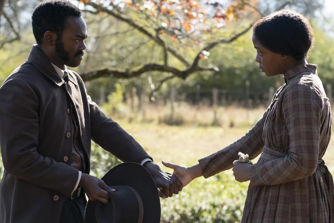 William Jackson Harper of "The Good Place" (left) portrays Royal, a free Black man who rescues Cora from the slave catcher Randall.