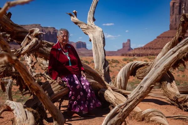 A Navajo Elder Rests on a Gnarled Tree in Monument Valley thumbnail