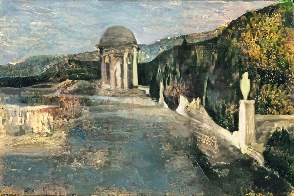 A nature scene with muted blues, greens and whites, of a small white cupola in front of rolling green hills and other marble elements