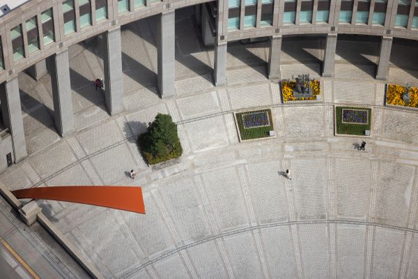 Pedestrians in plaza in front of Tokyo Metropolitan Government Buildings thumbnail