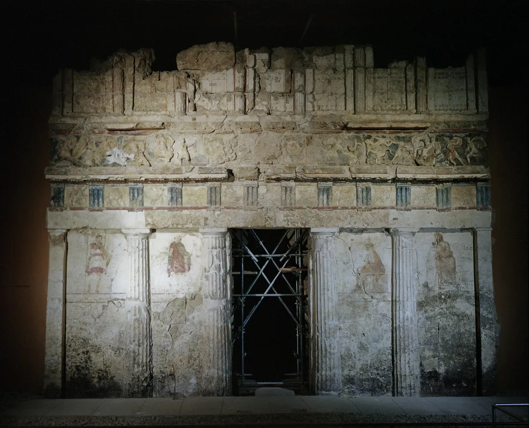 At Lefkadia, 20 miles from Aigai, the Tomb of Judgment pays tribute to Macedonian valor. The great painted facade incorporates images of a warrior con- ducted into the underworld by the god Hermes.
