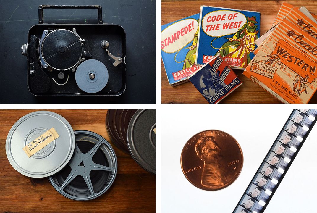 Grid of four old film stills, each showing the same young man: holding up a camera to his eye, smirking, smoking a cigarette, and posing with an older woman.