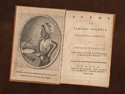 A first edition of Phillis Wheatley&#39;s Poems on Various Subjects, Religious and Moral (1773), written while the poet was enslaved to John Wheatley of Boston. The book has a brown leather cover, the original Morocco spine label and a frontispiece featuring a portrait of Phillis by Scipio Morehead.


&nbsp;