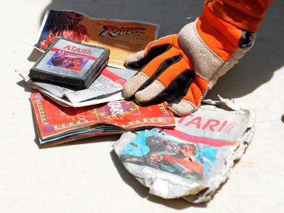 Atari cartridges and packaging recovered from the Alamogordo landfill are shown off on April 26, 2014.