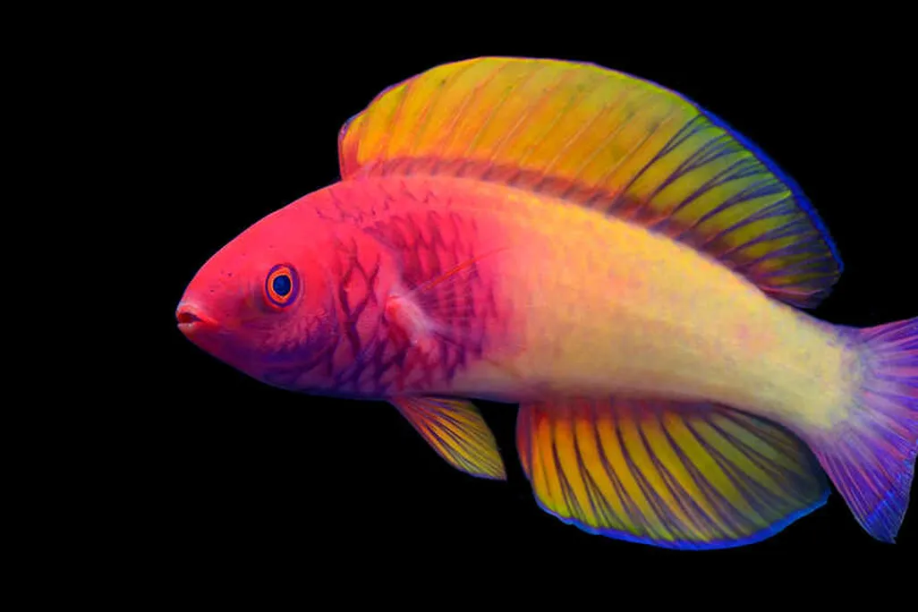 An image of a rainbow-hued male rose-veiled wrasse