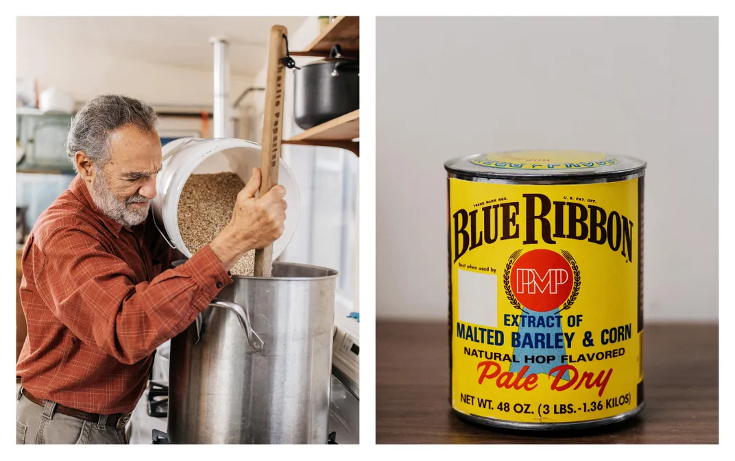 Papazian pours malted grains into a pot. Right, a can of hop-flavored malted barley and corn extract in Charlie Papazian’s collection.