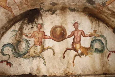 As well as frescoes of Cerberus, the guard dog of the underworld, the tomb was decorated with paintings of marine centaurs.