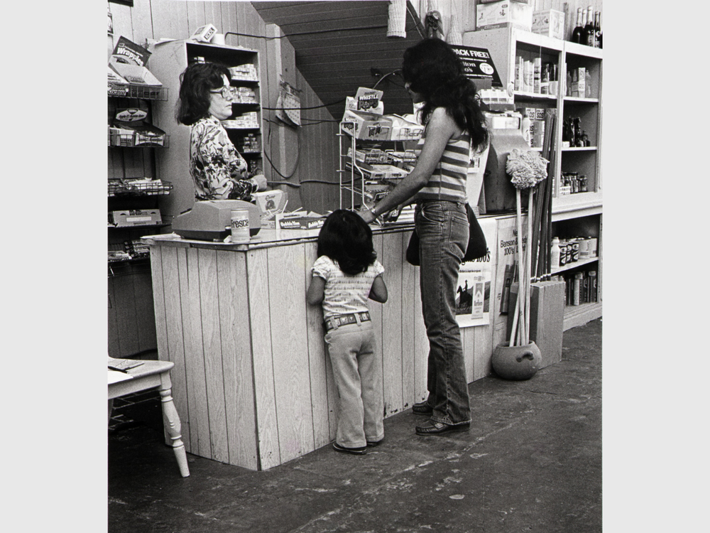 A woman and child stand at a shop counter facing a woman behind the register.
