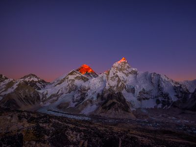 Mount Everest seen at sunset, as the peak&rsquo;s height continues to grow at a rate of about two millimeters per year.