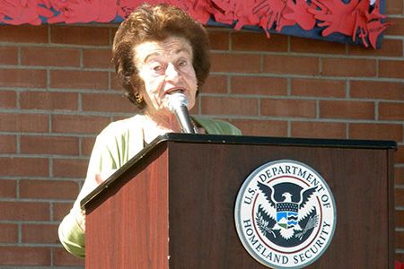Gerda Weissmann Klein, founder of Citizenship Counts, speaks to new citizens and students at a naturalization ceremony at the Maryland School in Phoenix, Arizona.
