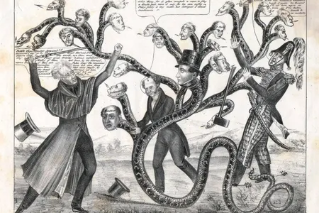 In 1836, both camps in the so-called Bank War—supporters of U.S. president Andrew Jackson, and supporters of the Second Bank of the United States president Nicholas Biddle—lobbed accusations of conspiracy to sway Americans to their sides. 