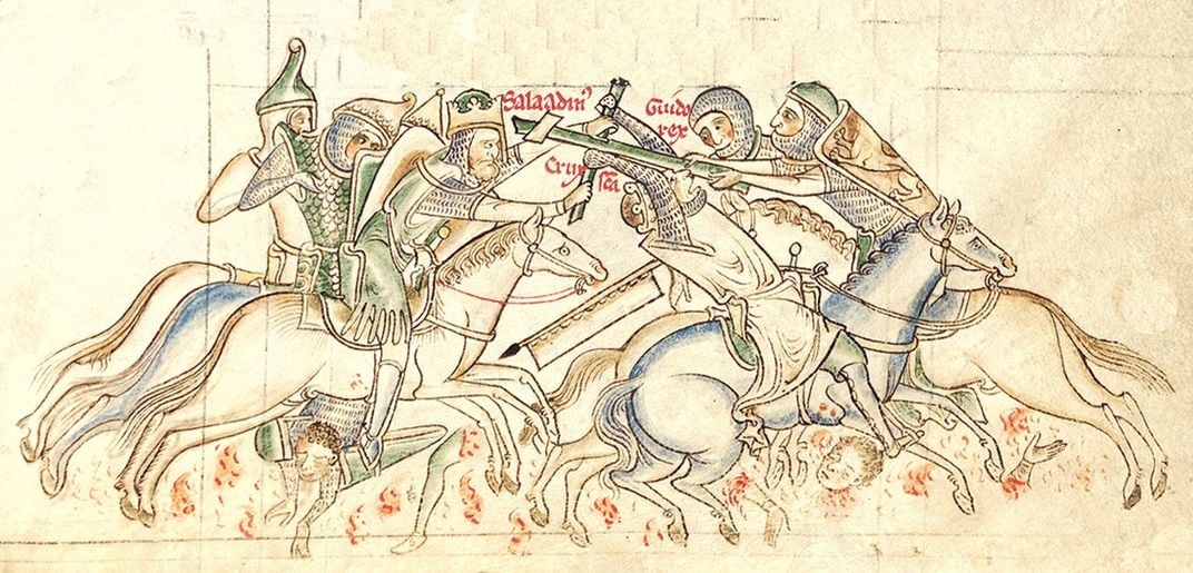 Drawing from a 13th-century Matthew Paris manuscript of Saladin fighting Guy de Lusignan