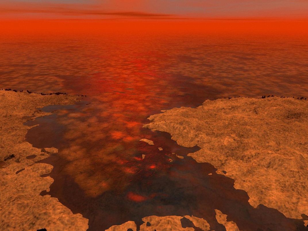 artist's version of red methane lakes on Titan