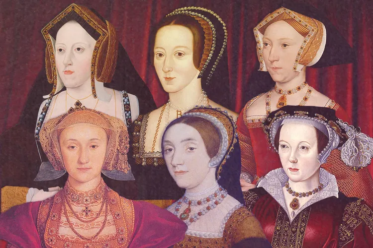 Illustration of Henry VIII's six wives in front of a red stage curtain